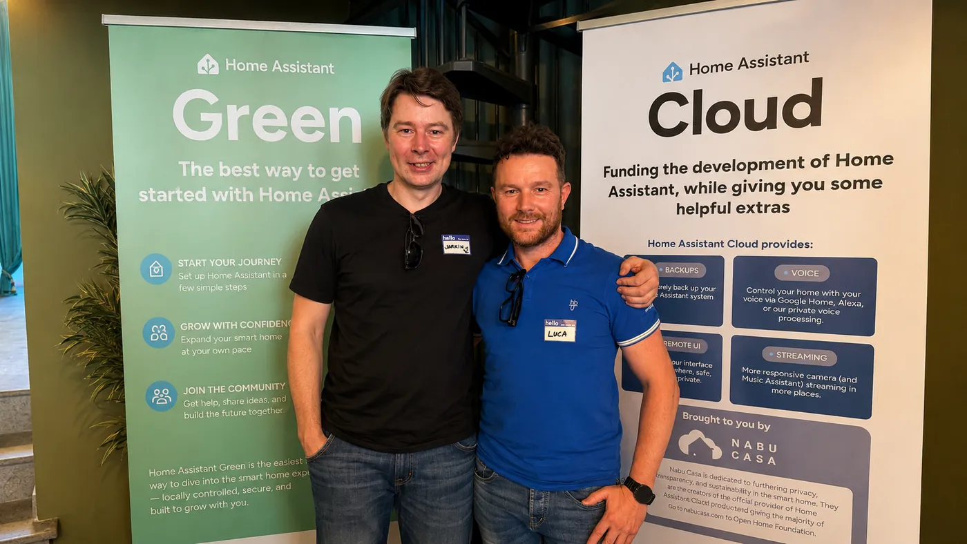 Luca Spina insieme a Joakim Sørensen, creatore di HACS, a un evento Home Assistant